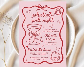Edytowalne zaproszenie na Galentynki, zaproszenie na wieczór panieński z okazji Galentynek, Walentynki, ręcznie rysowane, kokietka, kokarda