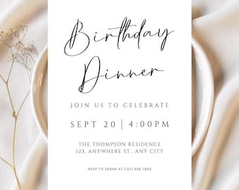 Szablon zaproszenia na kolację urodzinową, Edytowalne zaproszenie na kolację urodzinową, Minimalistyczne zaproszenie urodzinowe, Zaproszenie dla osób w każdym wieku, Pobieranie cyfrowe