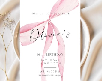 Szablon zaproszenia na 16. urodziny Coquette Pink, zaproszenie na kolację urodzinową z okazji szesnastych urodzin, zaproszenie na piżamowe przyjęcie urodzinowe dla dziewczynki, edytowalne cyfrowo