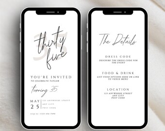 Cyfrowe zaproszenie na 35. urodziny, minimalistyczny szablon zaproszenia na 35. urodziny, edytowalny szablon zaproszenia, cyfrowe zaproszenie na 35. urodziny