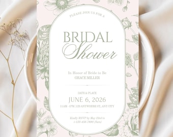 Szablon zaproszenia na wieczór panieński w kolorze szałwiowej zieleni, zaproszenie na wieczór panieński z motywem kwiatowym Coquette, do druku, do natychmiastowego pobrania