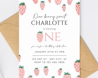 Szablon zaproszenia na pierwsze urodziny z motywem jagód, słodkie zaproszenie na pierwsze urodziny z truskawkami, zaproszenie na pierwsze urodziny dziewczynki, cyfrowe natychmiastowe pobranie