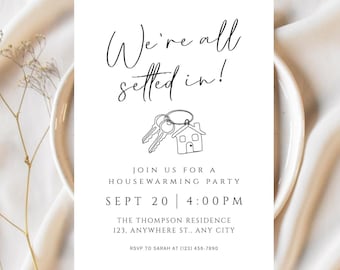 Edytowalny szablon zaproszenia na parapetówkę, zaproszenie na parapetówkę, słodki dom, zaproszenie „Wszyscy się zadomowiliśmy”