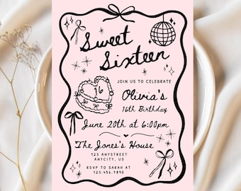 Zaproszenie na szesnaste urodziny dla dziewczynki, w kolorze pudrowego różu, szablon zaproszenia na szesnaste urodziny