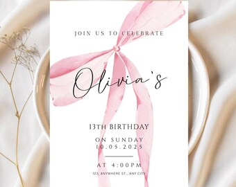Szablon zaproszenia na 13. urodziny Coquette Pink, zaproszenie na kolację urodzinową z kokardą, zaproszenie na piżamowe przyjęcie urodzinowe dla dziewczynki, edytowalne cyfrowo