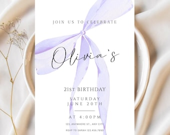 Szablon zaproszenia urodzinowego z fioletową kokardką, impreza dla dziewczynek-kokietek, dla każdego wieku (pobranie cyfrowe)