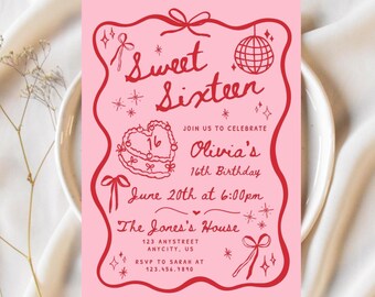 Zaproszenie na szesnaste urodziny dla dziewczynki, motyw różowo-czerwony, szablon zaproszenia na szesnaste urodziny