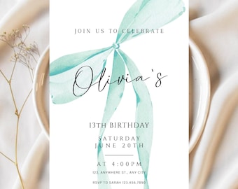 Szablon zaproszenia urodzinowego z kokardą w kolorze turkusowym, impreza dla dziewczynek-kokietek, dla każdego wieku (pobranie cyfrowe)