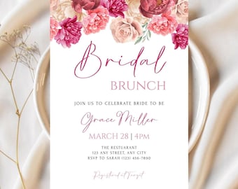 Szablon zaproszenia na brunch ślubny z motywem kwiatowym, edytowalny wieczór panieński, cyfrowe pobranie zaproszenia na brunch z szampanem