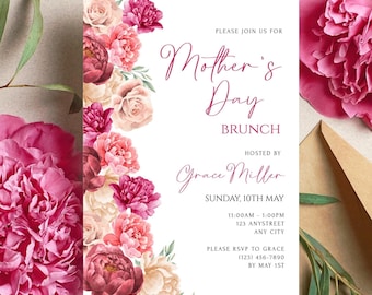 Szablon zaproszenia na brunch z motywem kwiatowym na Dzień Matki, edytowalne zaproszenie na Dzień Matki, lunch, śniadanie, brunch z szampanem, cyfrowe do pobrania
