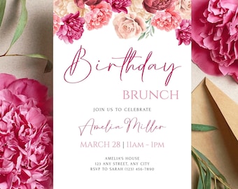 Szablon zaproszenia na urodzinowy brunch z motywem kwiatowym, edytowalne zaproszenie na przyjęcie urodzinowe, cyfrowe pobranie zaproszenia na brunch z szampanem