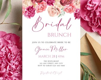 Szablon zaproszenia na brunch ślubny z motywem kwiatowym, edytowalny wieczór panieński, cyfrowe pobranie zaproszenia na brunch z szampanem