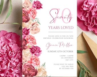 Szablon zaproszenia na 70. urodziny z motywem kwiatowym. Zaproszenie na przyjęcie urodzinowe dla kobiet z okazji 70. urodzin. Edytowalne zaproszenie cyfrowe.