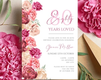 Szablon zaproszenia na 80. urodziny z motywem kwiatowym. Zaproszenie na przyjęcie urodzinowe „80 lat miłości” dla kobiet. Edytowalne zaproszenie na osiemdziesiątkę. Zaproszenie cyfrowe.