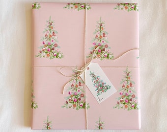 Pink Christmas Tree Wrapping Paper, Gingerbread and Ornaments, Christmas Wrapping Paper, Holiday Gift Wrap