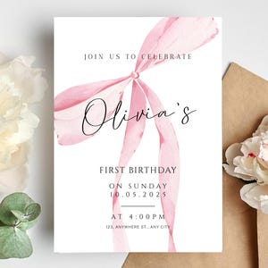 Pink Bow First Birthday Invitation: Editable Girl 1st Birthday Template (Digital Download)