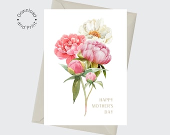 Wydrukuj Kartkę na Dzień Matki, Szczęśliwego Dnia Matki, Prezent na Dzień Matki, Bukiet Kwiatów Peonii - POBIERANIE CYFROWE