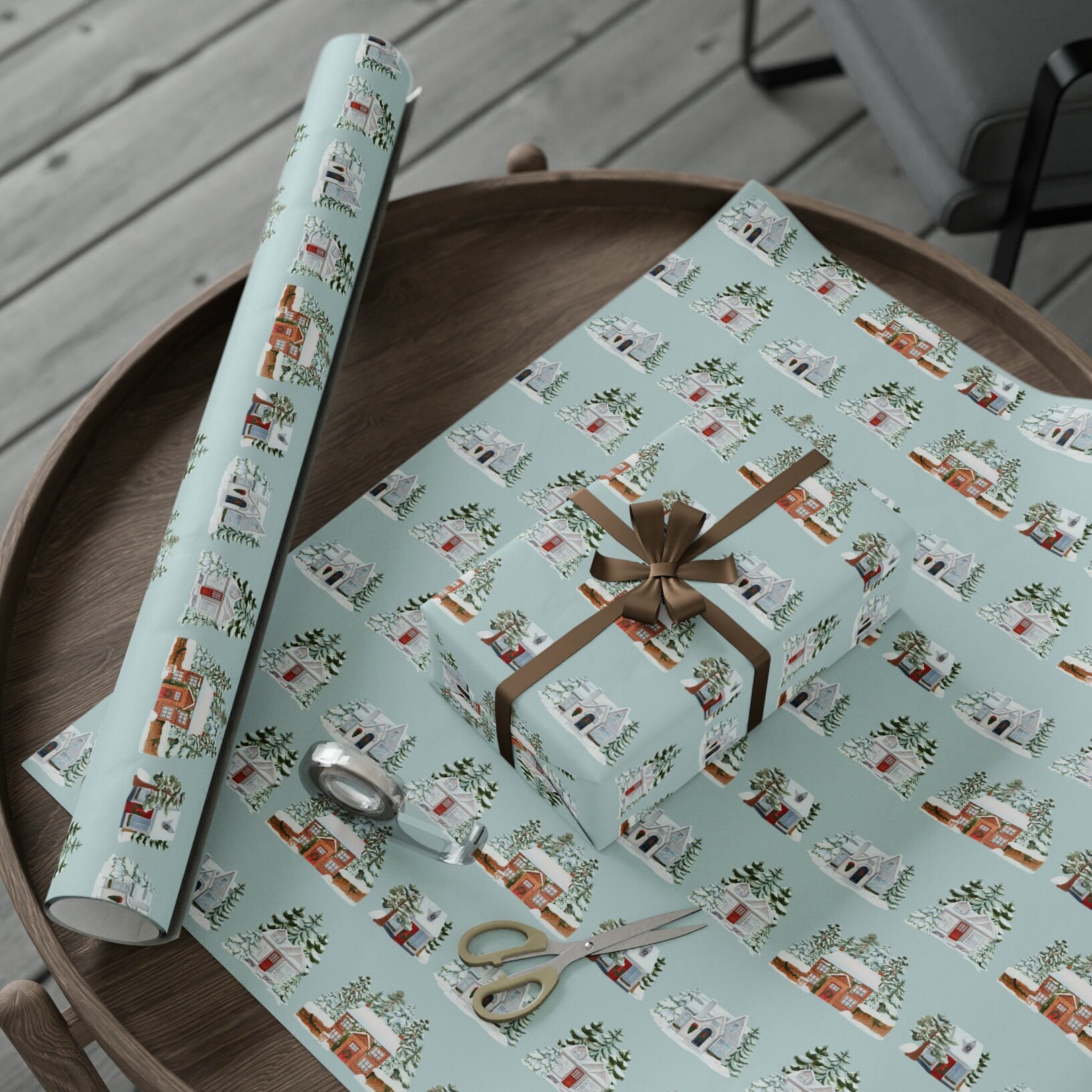 Vintage Christmas Cottage Wrapping Paper, Christmas Wrapping Paper ...