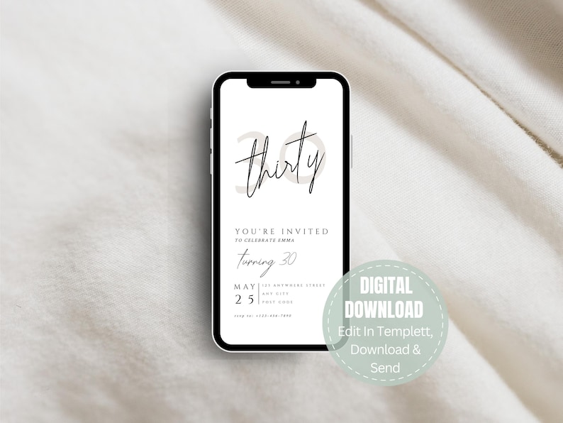 Może przedstawiać: Smartfon wyświetla cyfrowe zaproszenie na obchody 30. urodzin. Zaproszenie zawiera słowo "thirty" w eleganckim skrypcie, wraz ze szczeg&oacute;łami wydarzenia. Podkreślono opcję pobierania cyfrowego.