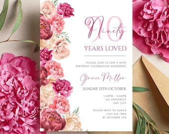 Szablon zaproszenia na 90. urodziny z motywem kwiatowym. Zaproszenie na przyjęcie urodzinowe „90 lat miłości” dla kobiet. Edytowalne zaproszenie cyfrowe.