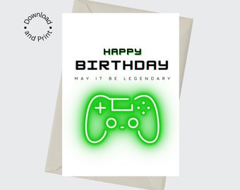 Tarjeta de cumpleaños de videojuegos imprimible, tarjeta de feliz cumpleaños de jugador, controlador de videojuegos - DESCARGA INSTANTÁNEA