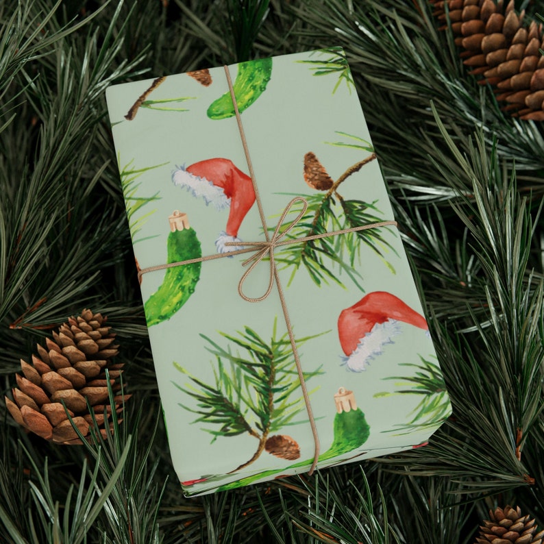 Wrapping Paper, Christmas Pickles and Santa Hats, Pickle Gifts, Holiday