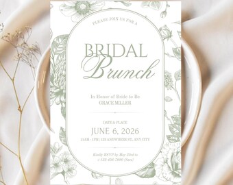 Szablon zaproszenia na brunch dla panny młodej z motywem szałwii i kwiatów, zaproszenie na wieczór panieński Coquette, do druku, do natychmiastowego pobrania