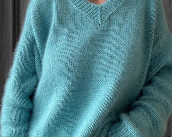Eleganter Angorapullover für Herren, flauschiger Angorapullover, warmer Winterpullover für Damen, gemütlicher flauschiger Pullover mit V-Ausschnitt für Herren