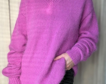 Pink V-neck Angora Sweater, Fuzzy Hand Knit Sweater, Soft Wool Jumper, Oversized Fluffy Knitwear, Luxury Gift for Her Bright Pink sweater
