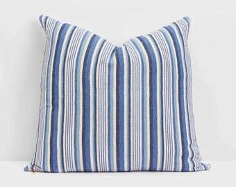 ALICE - 20x20 Classic Pillow Cover// Cotton// Blue & White Stripes// Gold Zipper