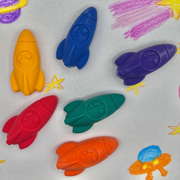 Rocket Ship Shaped Crayons - Spaceship - Space - Gifts for Kids - Party Favors - Stocking / Basket Stuffers - Holiday / Birthday Gifts