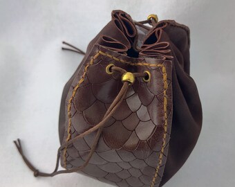 Leather Dice Bag - Brown Scale, Brown, Gold - Large - drawstring pouch - Wampus Sack