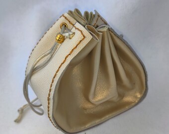 Leather Dice Bag - White & Gold - Handmade - Large
