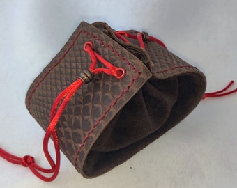 Leather Dice Bag - Brown small scales, brown suede, red trim - Medium