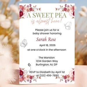 A Sweet Pea is Almost Here Invitation, Editable Invitation, Sweet Pea Invite, Digital Editable Printable Instant Template Canva