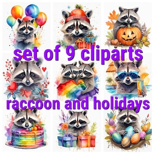 Imágenes Prediseñadas de mapache, imágenes lindas de mapache, vacaciones de mapache, mapache festivo, 9 imágenes prediseñadas de acuarela, JPG imprimibles, descarga instantánea, artesanía de papel