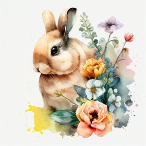 60 個の花のうさぎのクリップアート、第 2 巻、高品質の PNG、保育園のアート、デジタル プランナー、水彩画、カード作成、ジャーナリング、デジタル ダウンロード