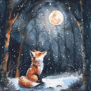 May include: A red fox sits in a snowy woodland, gazing up at a full moon in the night sky. The moon is a bright orange colour and the woodland is dark and mysterious.