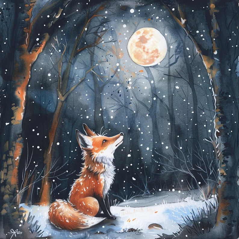 May include: A red fox sits in a snowy woodland, gazing up at a full moon in the night sky. The moon is a bright orange colour and the woodland is dark and mysterious.