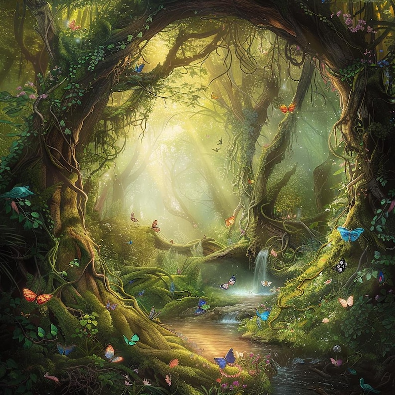 May include: A whimsical forest scene with a stream flowing through the center. Lush green foliage, tall trees, and a waterfall create a magical atmosphere. Colorful butterflies flutter around the stream and trees, adding to the enchanting ambiance.