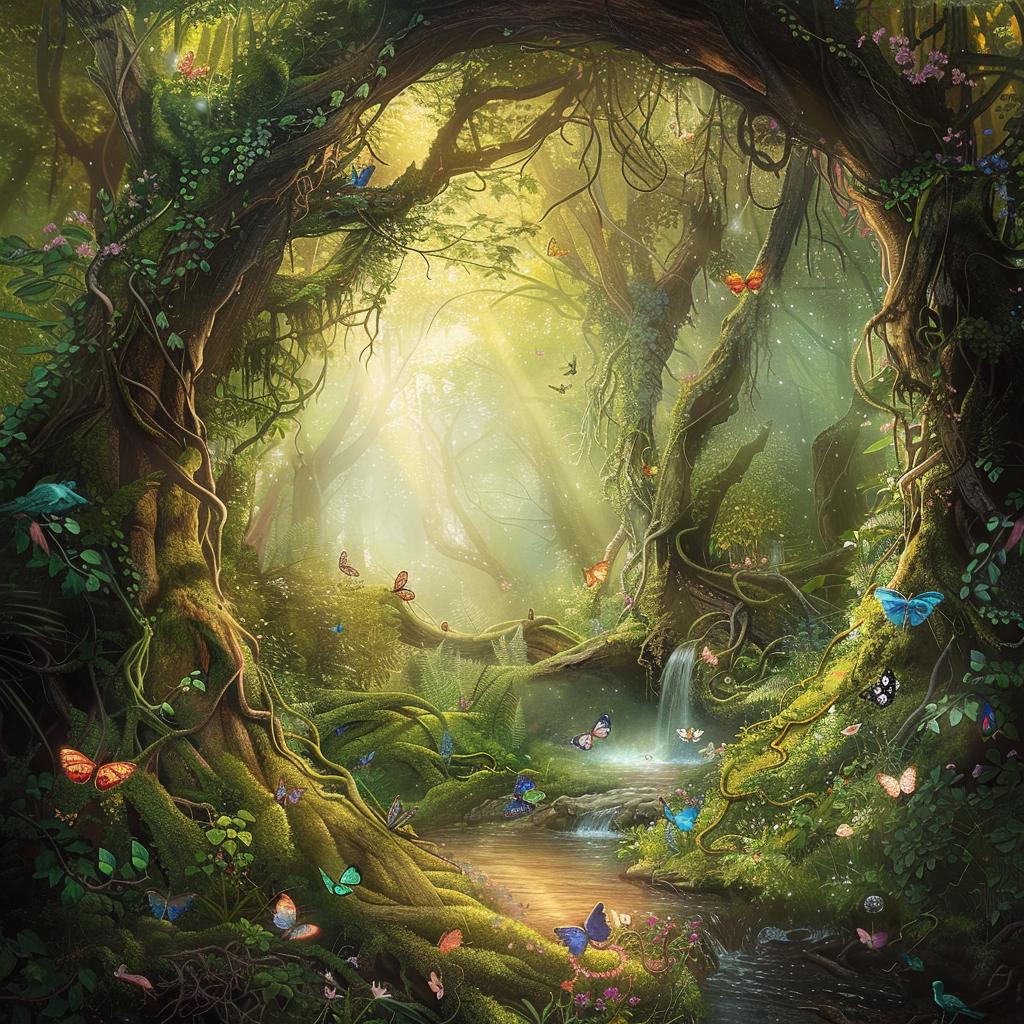 24枚の魔法の森のクリップアート、魔法の自然の風景、蝶と小川の