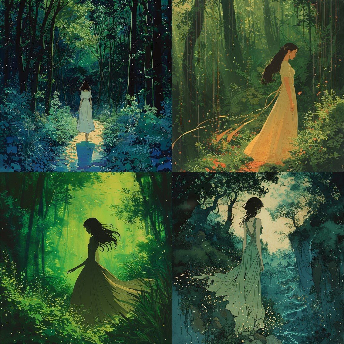 森の中の女性 水彩画クリップアート、ファンタジー背景（デジタル