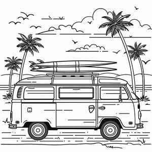 May include: A black and white line drawing of a vintage van with surfboards on the roof. The van is driving on a beach with palm trees in the background.