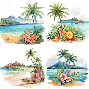May include: Four watercolor illustrations of tropical beaches with palm trees, flowers, and mountains in the background.