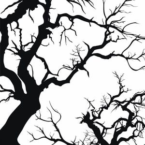 May include: Black and white silhouette of bare tree branches against a white background. The branches are twisted and gnarled, creating a spooky and eerie atmosphere.
