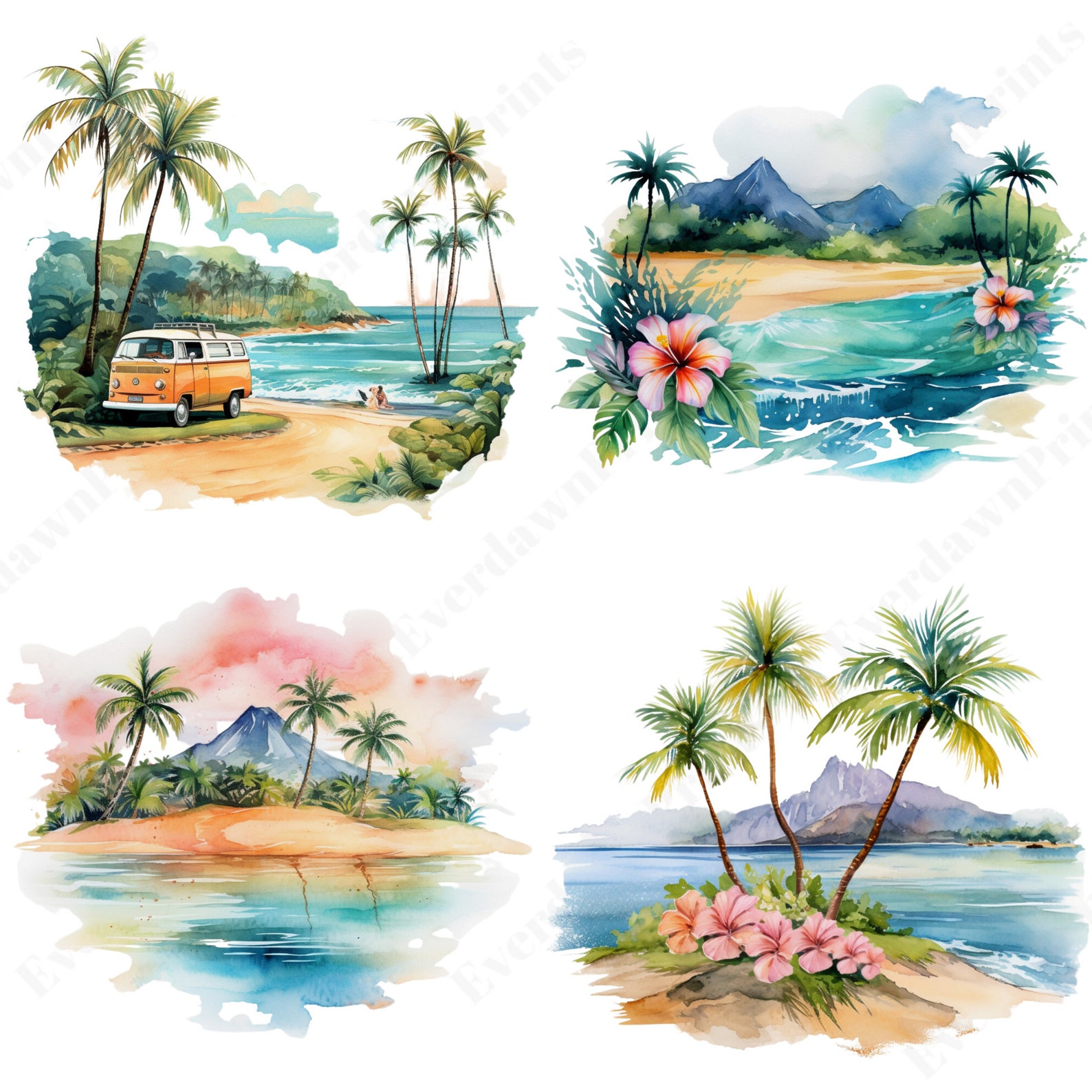 24 Watercolor Hawaii Clipart - Transparent PNG - Tropical Island ...