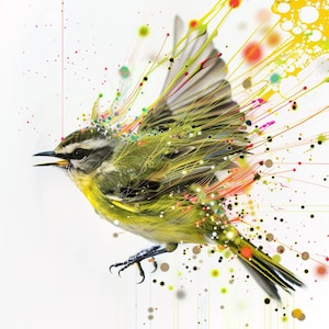 Puede incluir: Un pájaro amarillo con marcas negras y grises se representa en una pintura abstracta colorida. Las alas del pájaro están extendidas y el fondo está lleno de salpicaduras de pintura de varios colores, incluyendo rojo, naranja, amarillo, verde, azul y morado.