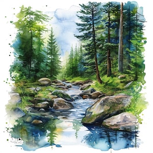 24 Forest Stream Watercolor Clipart, Watercolor Forest Background, High Quality PNG, Watercolor Forest Clipart, Card Making, Digital Planner