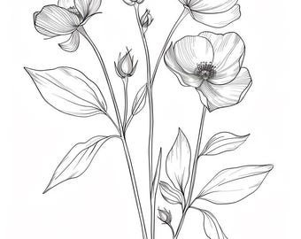 36種類の花柄クリップアートセット、線画の花、デジタルダウンロードクリップアート、手描きの花のアート、印刷可能な植物のイラスト、壁のアート装飾