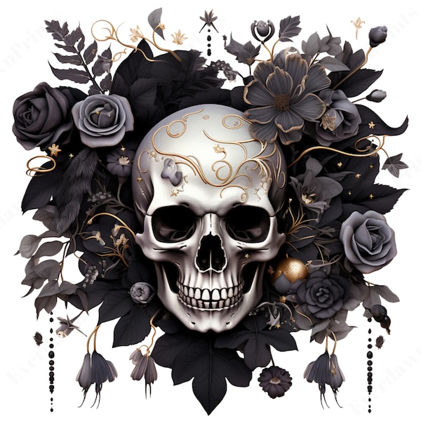 73 Watercolor Floral Skull Clipart, Gothic Clipart, Clip Art Bundle, Wiccan clipart, Skull png, Transparent PNG, Instant Digital Download